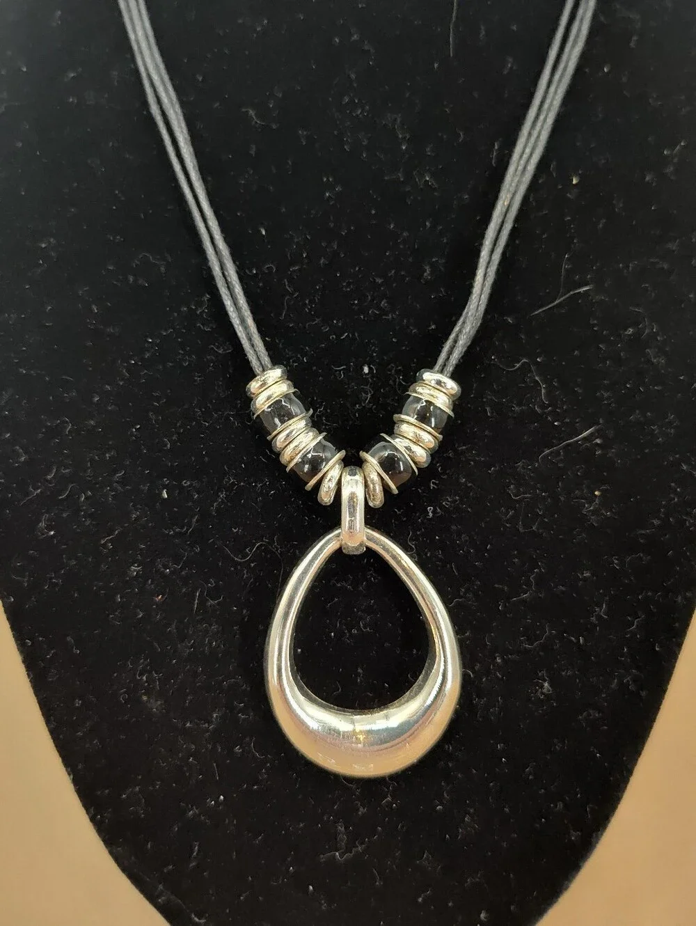 Silver Teardrop Pendant Necklace and Earrings Set - Black Cord